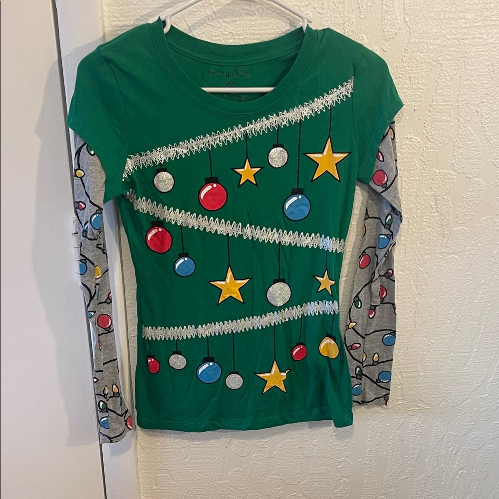 Wound Up Green Long Sleeve Kids Tee with Festive Ornaments